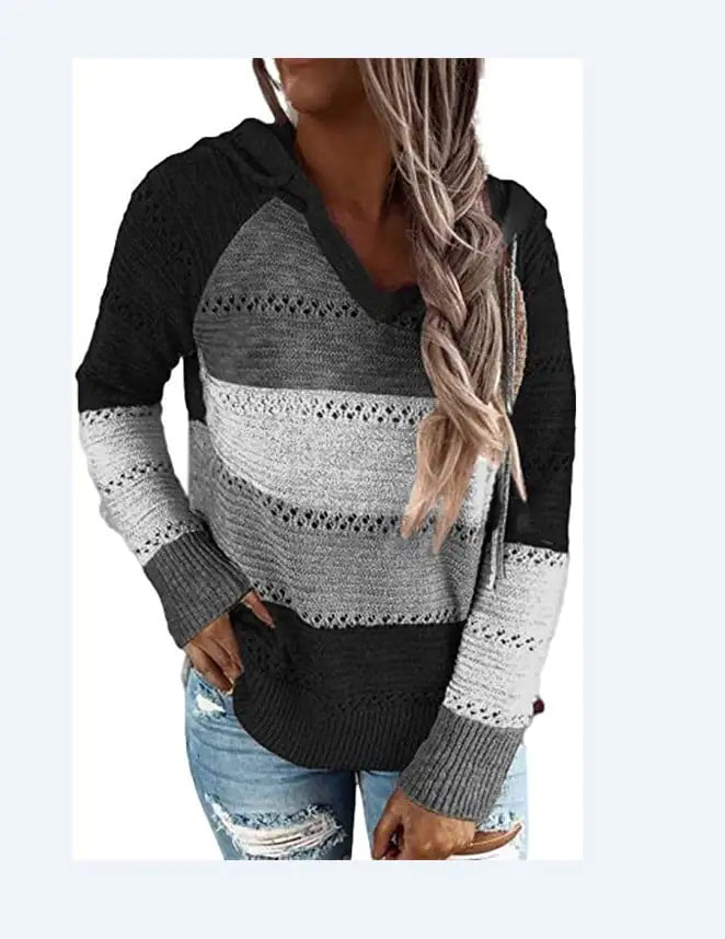 Loose Striped Long-Sleeved Wool Sweater for Women