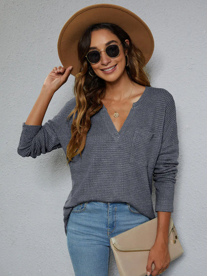 Casual V-neck Long-sleeved Knitted Sweater for Women