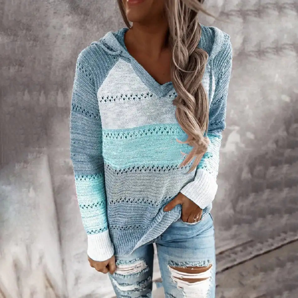 Loose Striped Long-Sleeved Wool Sweater for Women