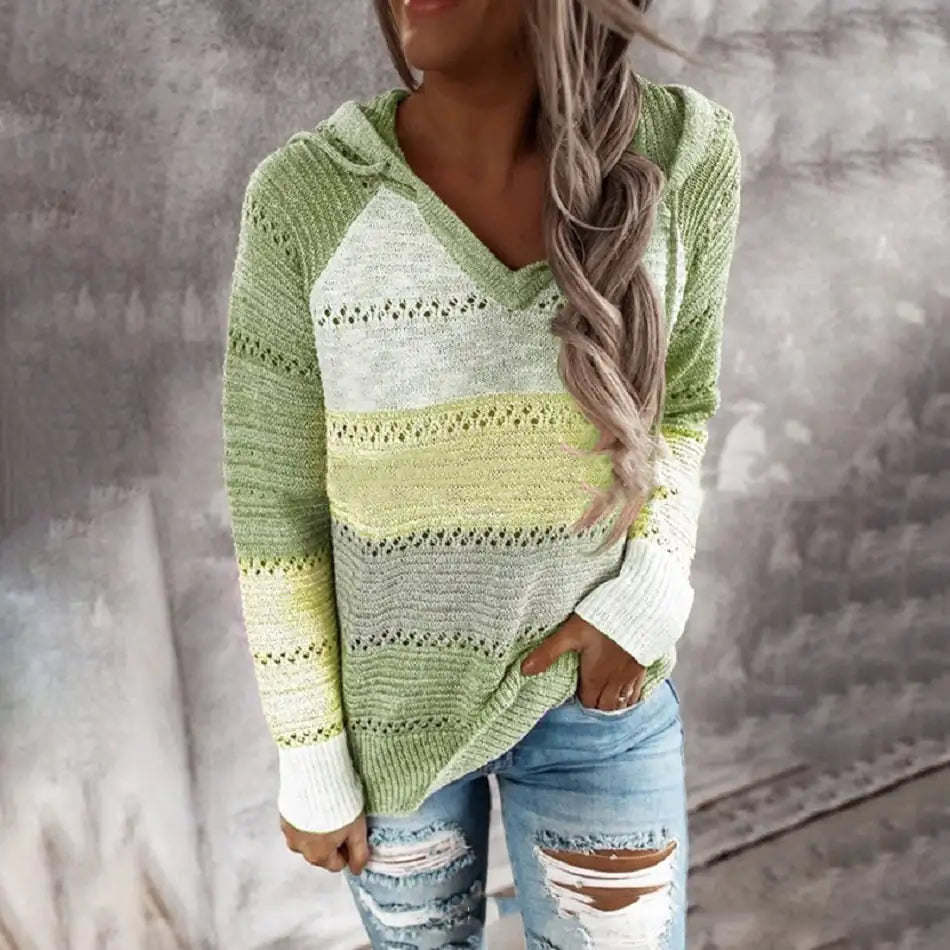 Loose Striped Long-Sleeved Wool Sweater for Women