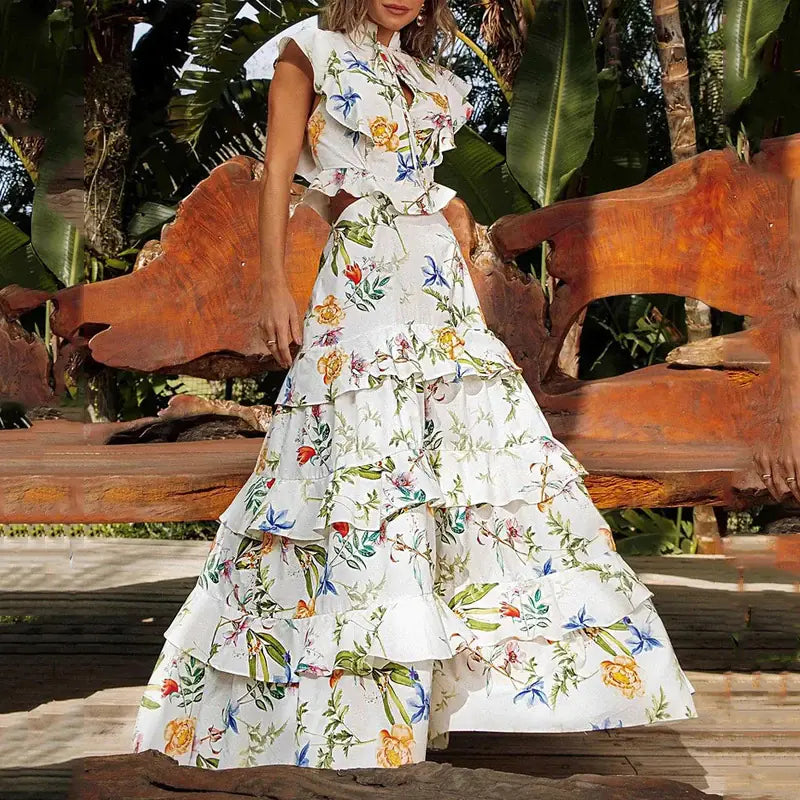 2023 Summer Floral Ruffle Sleeve Maxi Dress